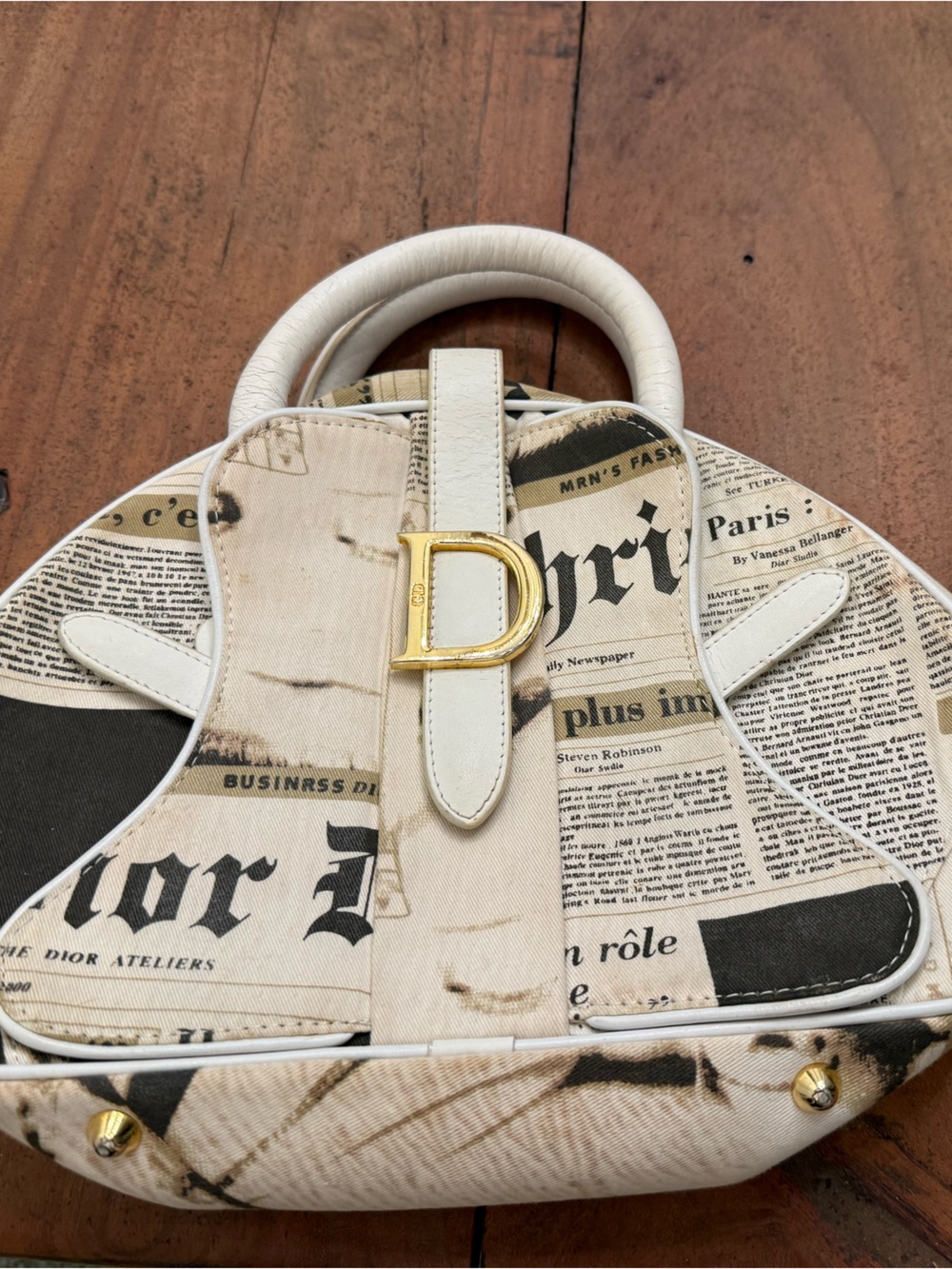 Vintage Dior Newspaper Print Dome Satchel in Cream and Black